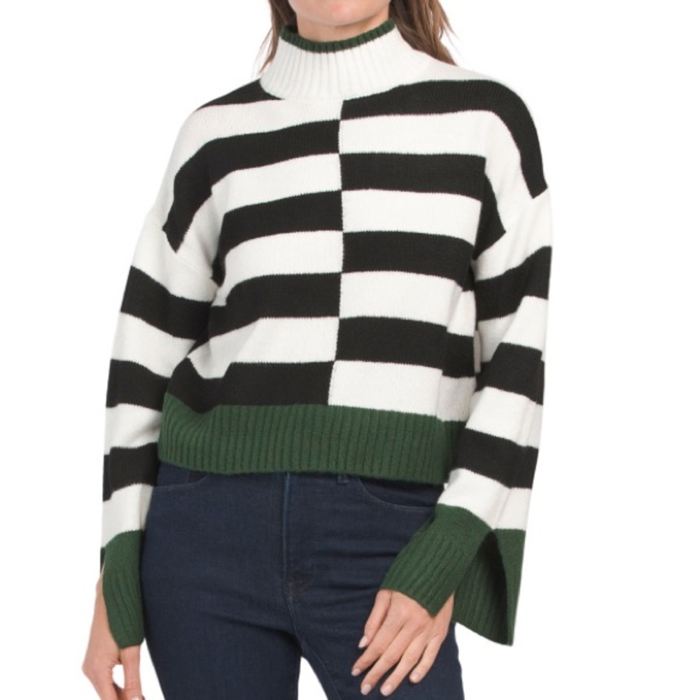 William Rast Black and White Striped Sweater with Green Trim